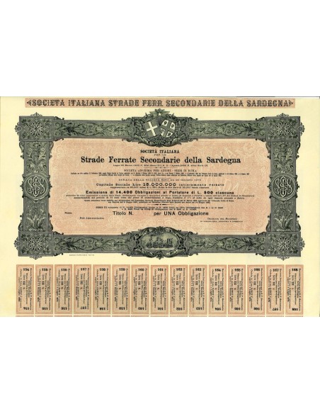 1892 - ITALIANA PER LE STRADE SECONDARIE DELLA SARDEGNA - EMISS. 14400 OBBLIG. DI LIRE 500 - 1 OBBLIGAZIONE