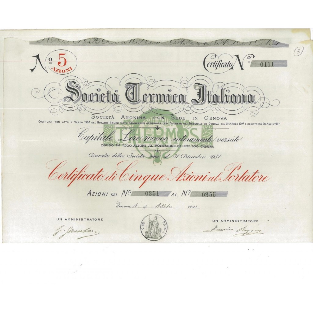 SOCIETA' CERAMICA ITALIANA - 5 AZIONI GENOVA 1908