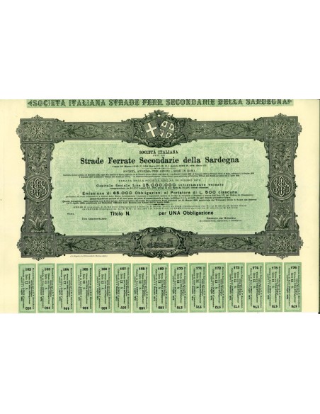 1889 - ITALIANA PER LE STRADE SECONDARIE DELLA SARDEGNA - EMISS. 65000 OBBLIG. DI LIRE 500 - 1 OBBLIGAZIONE