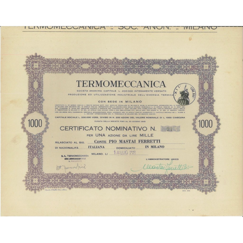 TERMOMECCANICA SOC. ANON. - UNA AZIONE MILANO 1943