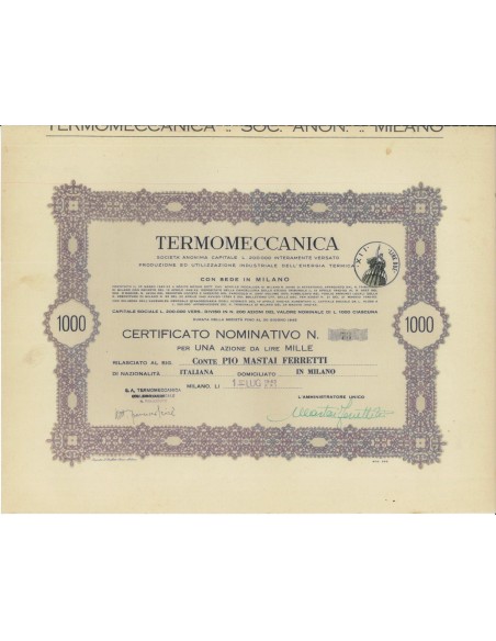 TERMOMECCANICA SOC. ANON. - UNA AZIONE MILANO 1943