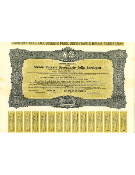 1893 - ITALIANA PER LE STRADE SECONDARIE DELLA SARDEGNA - EMISS. 40000 OBBLIG. DI LIRE 500 - 10 OBBLIGAZIONE