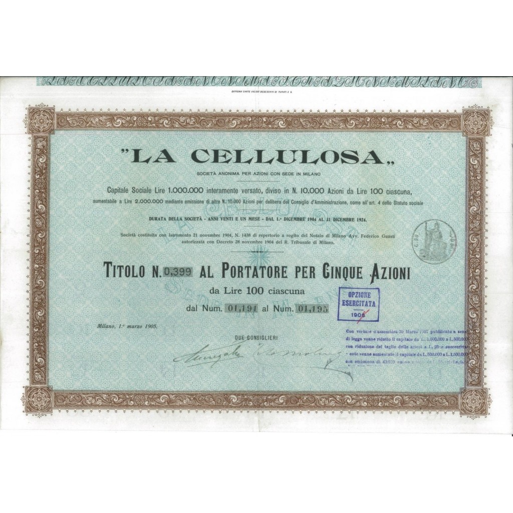 LA CELLULOSA - 5 AZIONI MILANO 1905