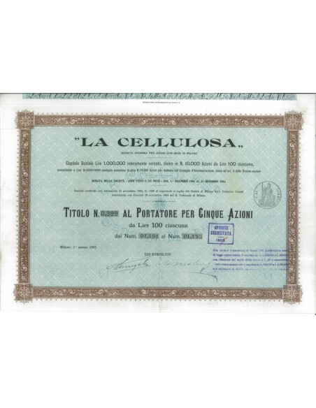 LA CELLULOSA - 5 AZIONI MILANO 1905
