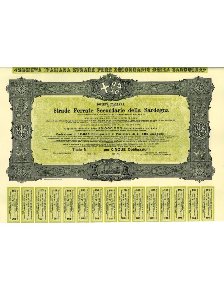1894 - ITALIANA PER LE STRADE SECONDARIE DELLA SARDEGNA - EMISS. 12000 OBBLIG. DI LIRE 500 - 5 OBBLIGAZIONE