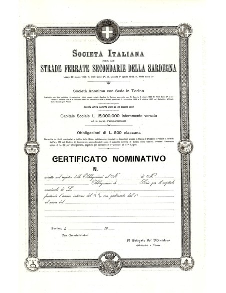 1900 - ITALIANA PER LE STRADE SECONDARIE DELLA SARDEGNA - OBBLIGAZIONE NOMINATIVA LIRE 500 - 5 OBBLIGAZIONE