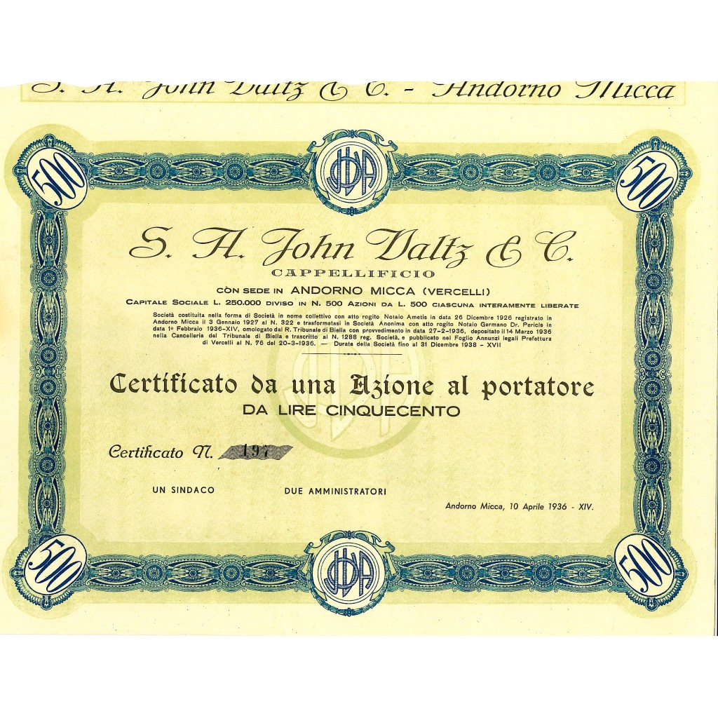 1936 - JOHN WALTZ & C. SOC. ANON. CAPPELLIFICIO...
