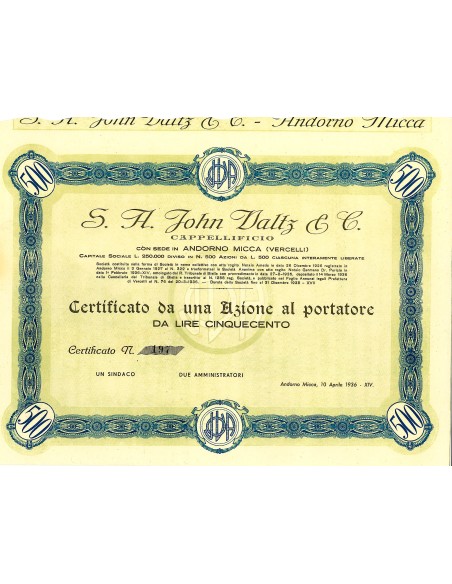 1936 - JOHN WALTZ & C. SOC. ANON. HAT FACTORY - ADORNO MICCA (VERCELLI)