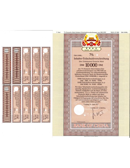 1985 - BANK OF CHINA - 7% Deutsche Mark Inhaber-Teilschuldverschreibung 1985/1992 – DM 10.000