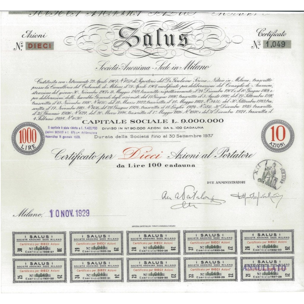 SALUS SOC. ANONIMA - 10 AZIONI MILANO 1929