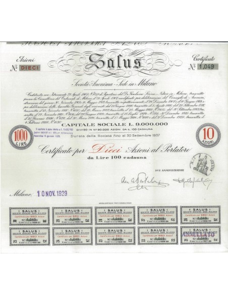 SALUS SOC. ANONIMA - 10 AZIONI MILANO 1929