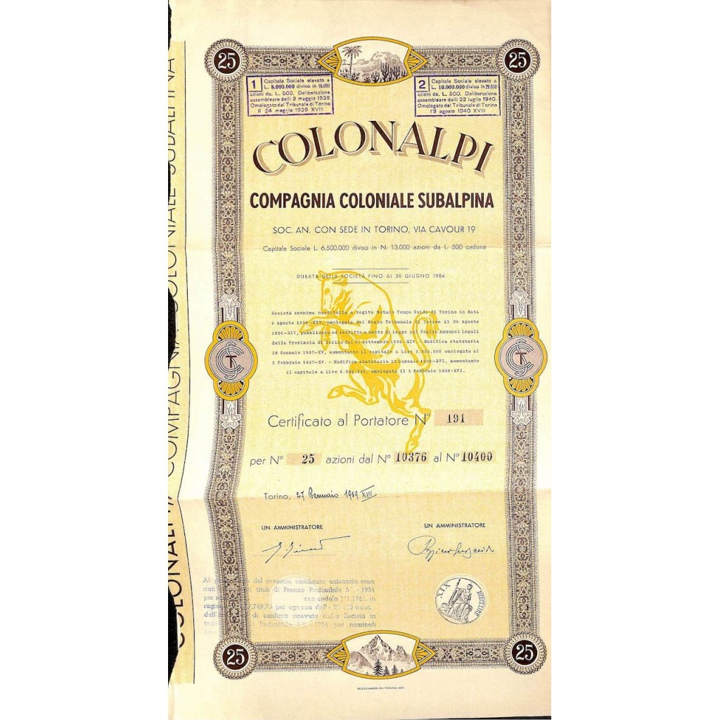 COLONALPI COMP. COLONIALE SUBALPINA - 25 AZIONI TORINO 1939