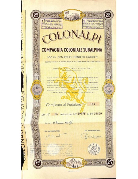 COLONALPI COMP. COLONIALE SUBALPINA - 25 AZIONI TORINO 1939