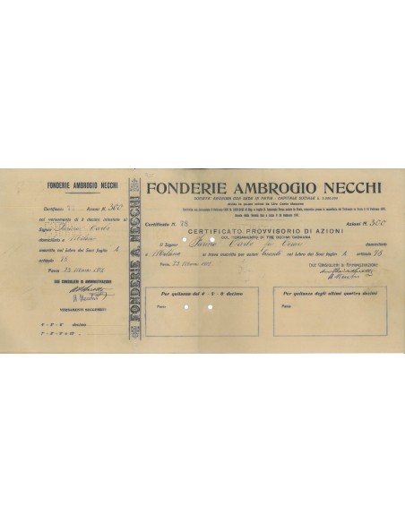 FONDERIE AMBROGIO NECCHI - 300 AZIONI PAVIA 1907