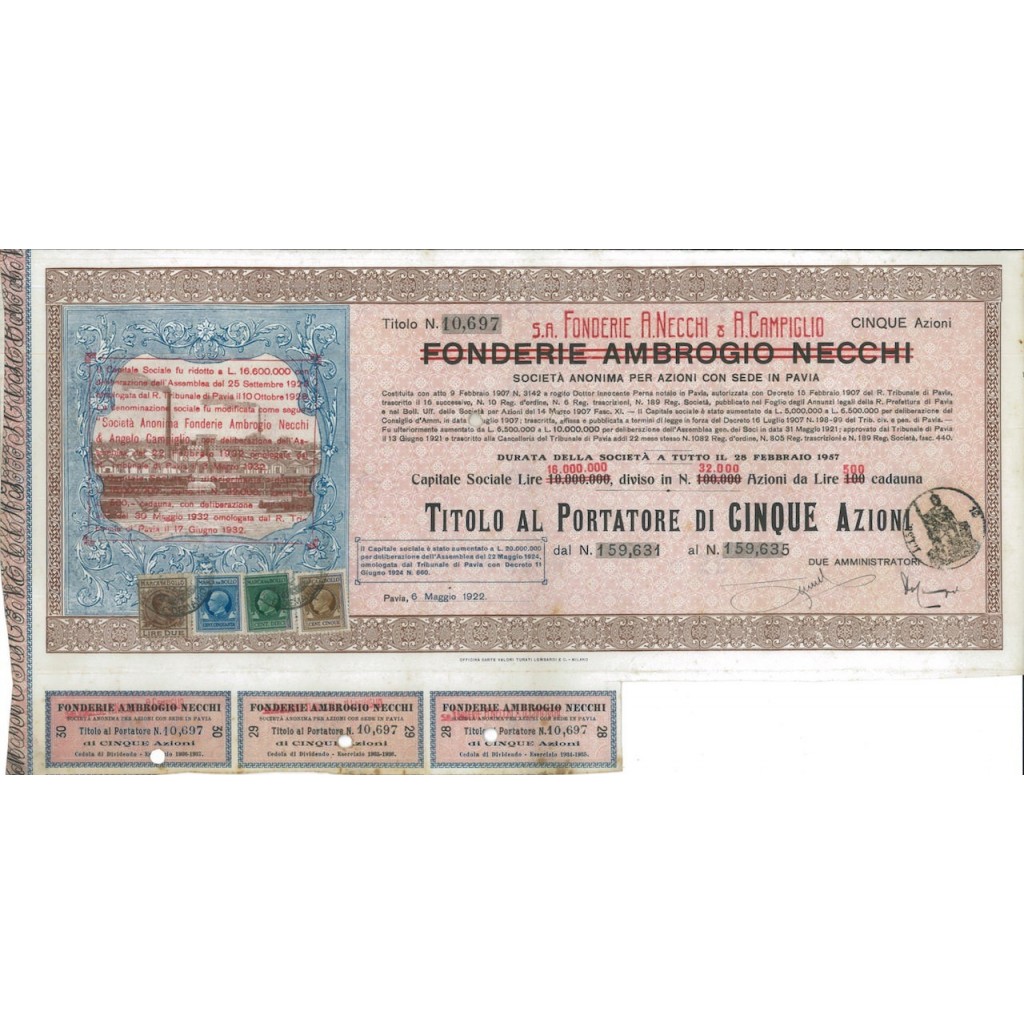 S.A. FONDERIE A. NECCHI E A. CAMPIGLIO - 5 AZIONI PAVIA 1922