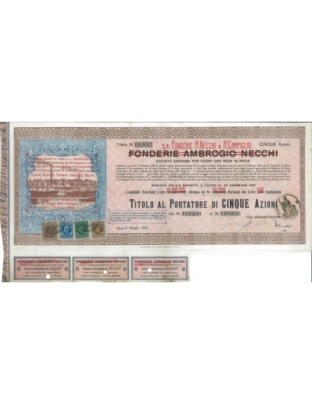 S.A. FONDERIE A. NECCHI E A. CAMPIGLIO - 5 AZIONI PAVIA 1922