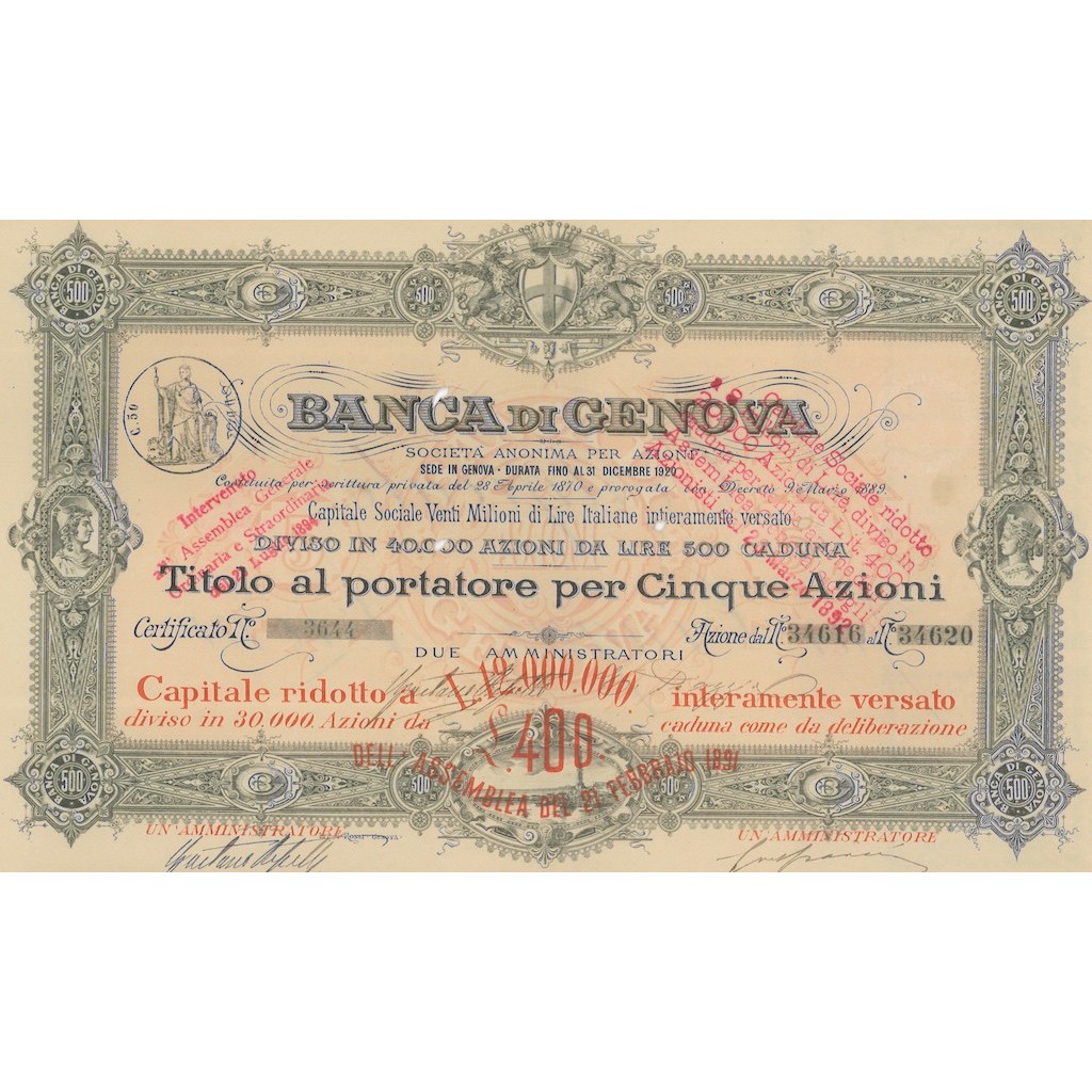 BANCA DI GENOVA 5 AZIONI 1889