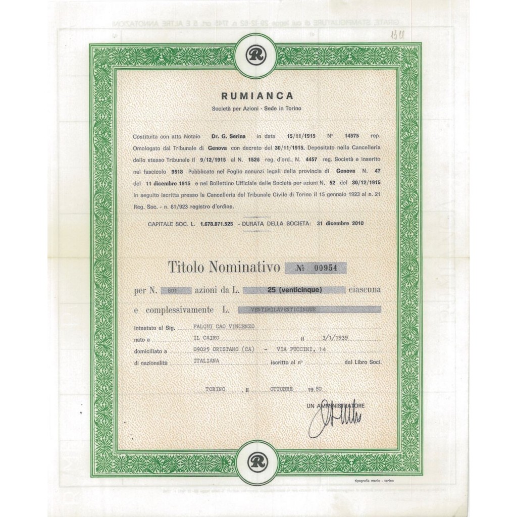 RUMIANCA - 801 AZIONI TORINO 1980