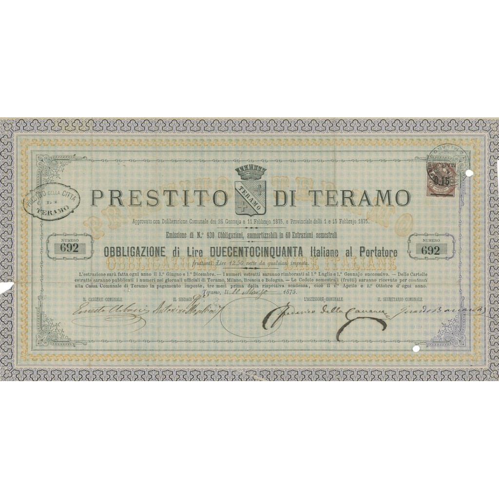 PRESTITO DI TERAMO 1 OBBLIGAZIONE 1875