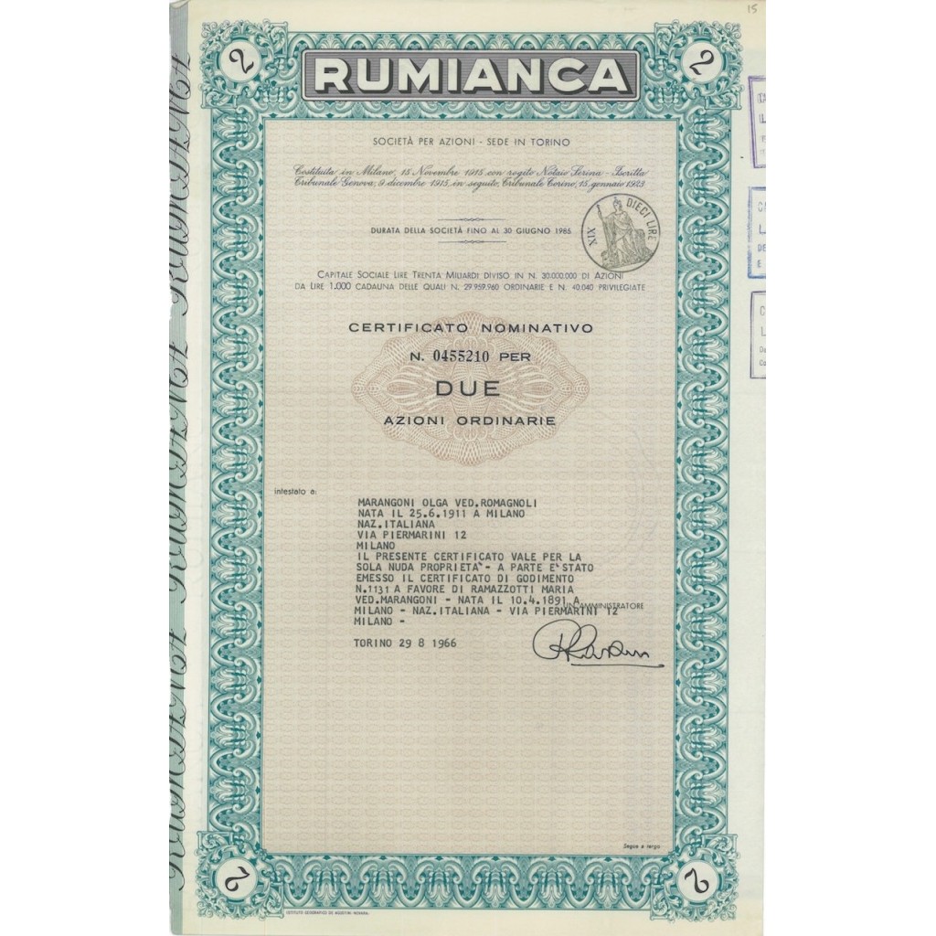 RUMIANCA - 2 AZIONI TORINO 1966