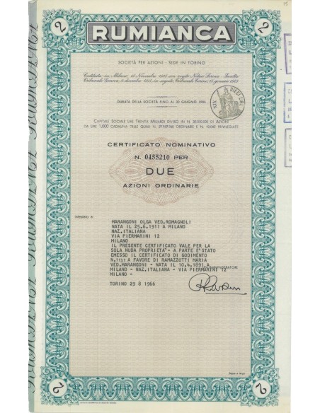 RUMIANCA - 2 AZIONI TORINO 1966