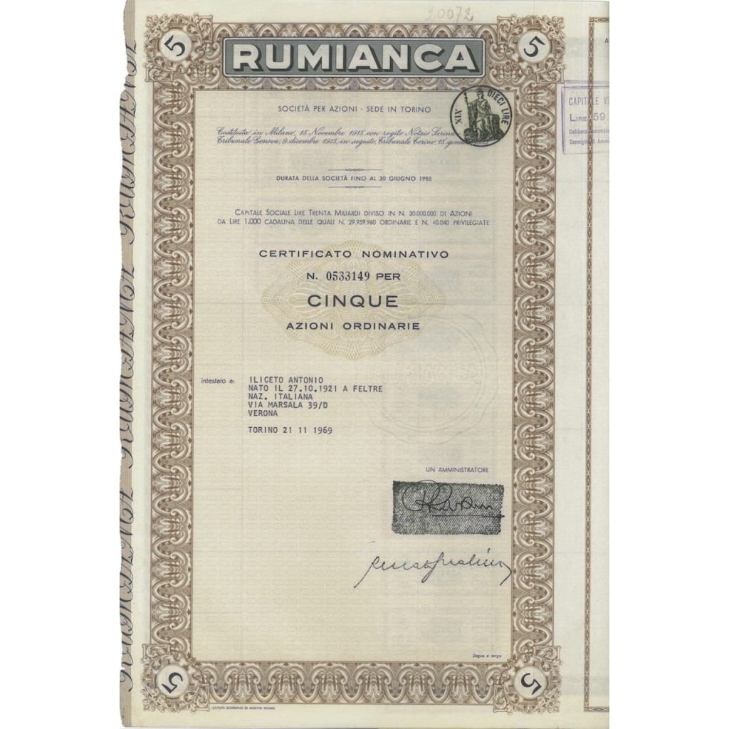 RUMIANCA - 5 AZIONI TORINO 1969