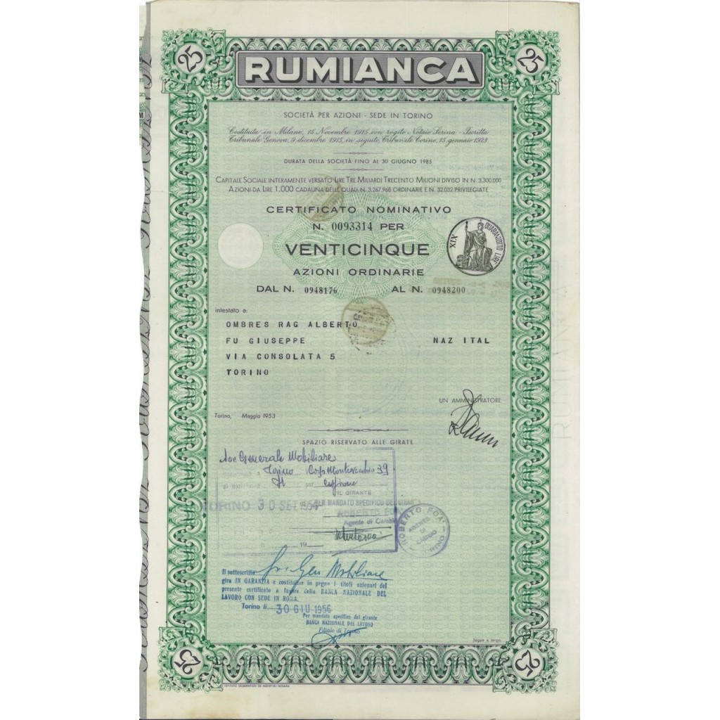 RUMIANCA - 25 AZIONI TORINO 1953