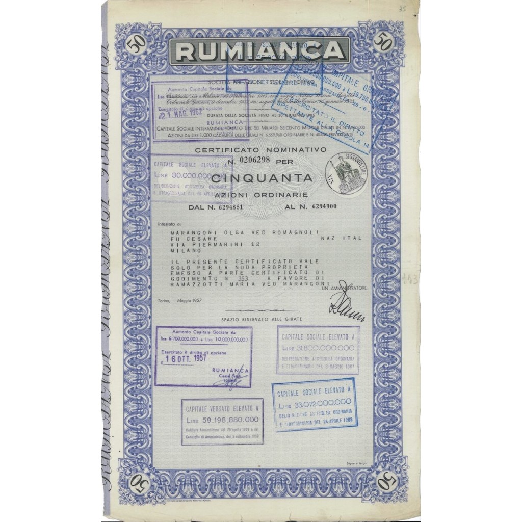 RUMIANCA - 50 AZIONI TORINO 1957