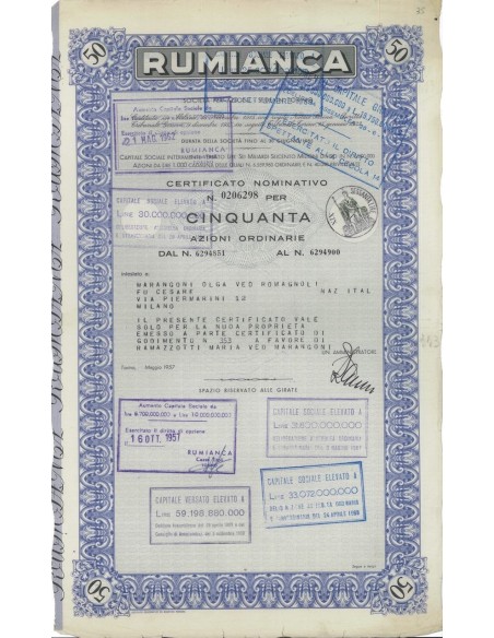 RUMIANCA - 50 AZIONI TORINO 1957