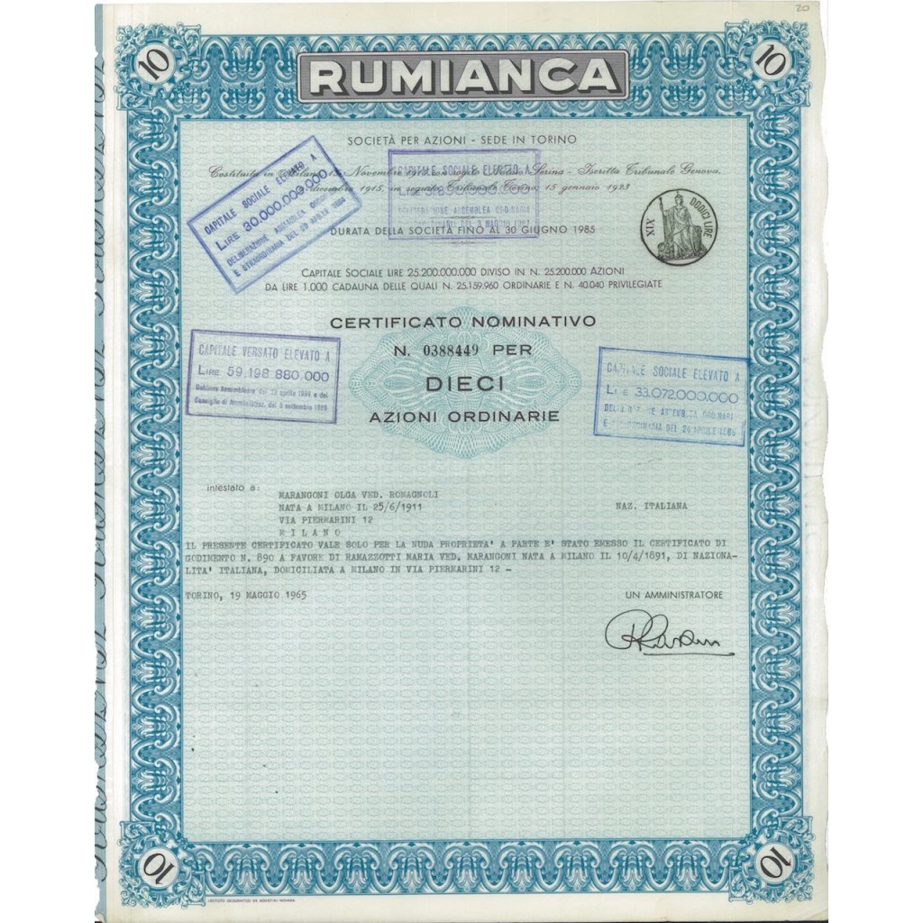 RUMIANCA - 10 AZIONi ORDINARIE TORINO 1965