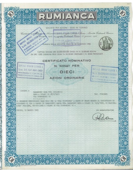 RUMIANCA - 10 AZIONi ORDINARIE TORINO 1965