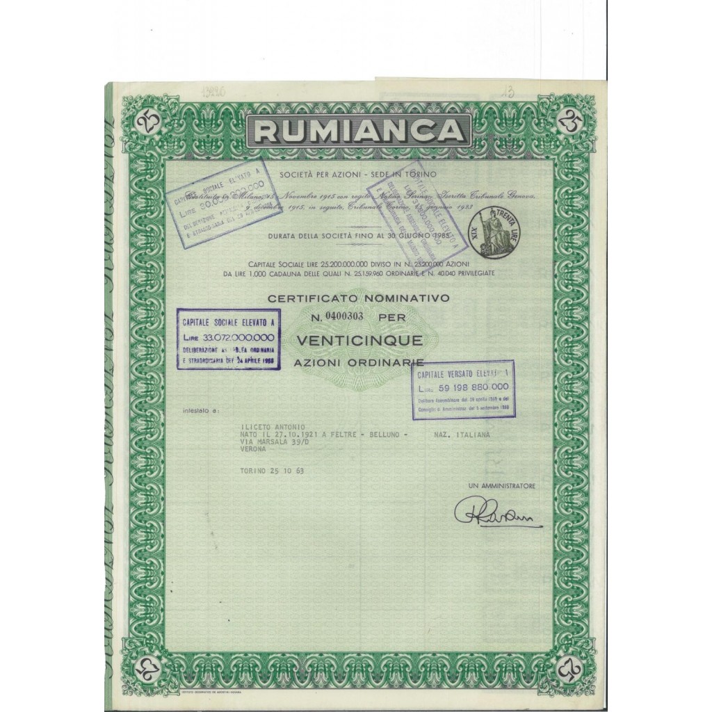 RUMIANCA - 25 AZIONi ORDINARIE TORINO 1963