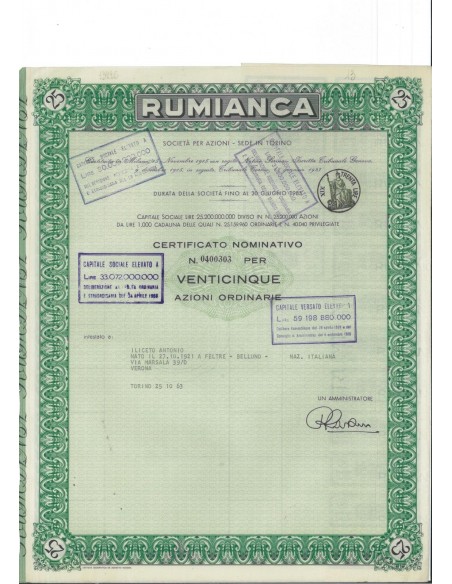 RUMIANCA - 25 AZIONi ORDINARIE TORINO 1963