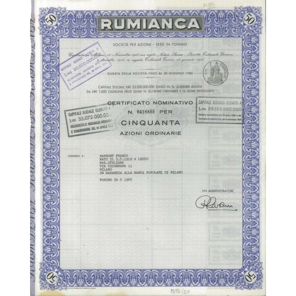 RUMIANCA - 50 AZIONi ORDINARIE TORINO 1966