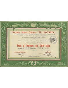 SOC. EDITRICE IL LAVORO 2 AZIONI GENOVA 1930