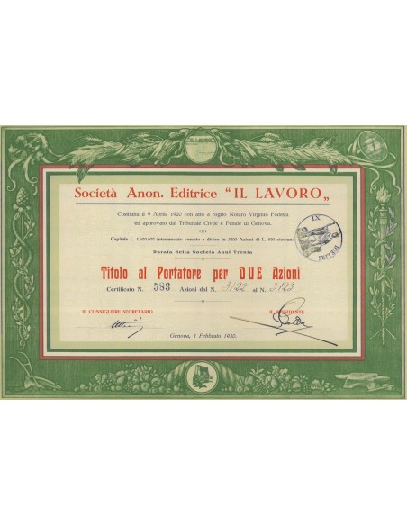 SOC. EDITRICE IL LAVORO 2 AZIONI GENOVA 1930