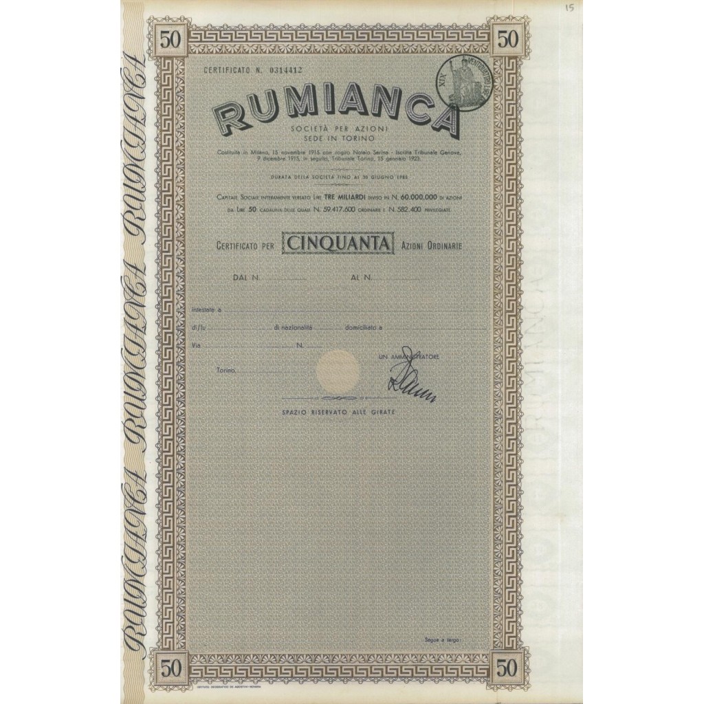 RUMIANCA - 50 AZIONI ORDINARIE TORINO 1915