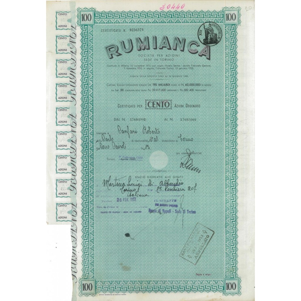 RUMIANCA - 100 AZIONI ORDINARIE TORINO 1949