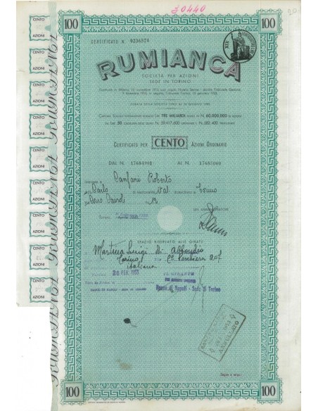 RUMIANCA - 100 AZIONI ORDINARIE TORINO 1949