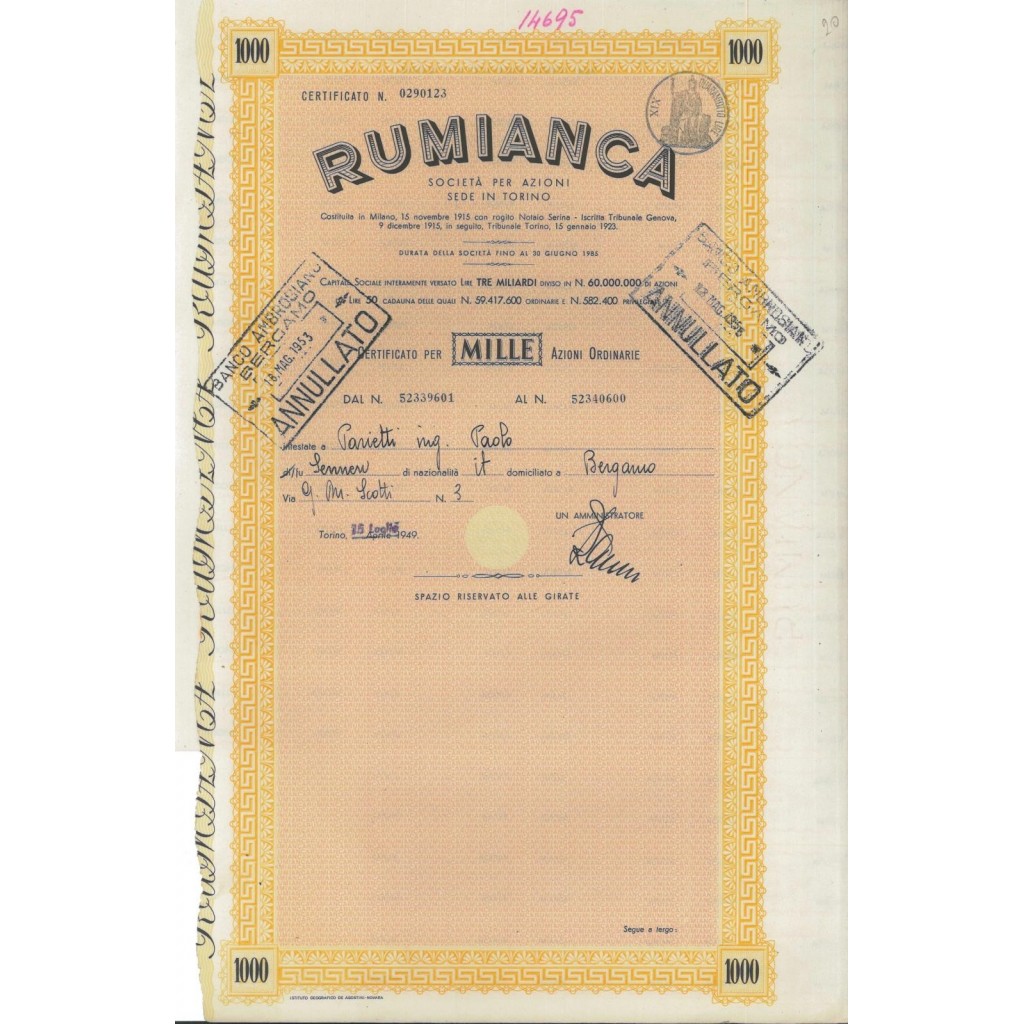 RUMIANCA - 1000 AZIONI ORDINARIE TORINO 1949