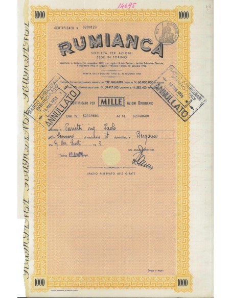 RUMIANCA - 1000 AZIONI ORDINARIE TORINO 1949