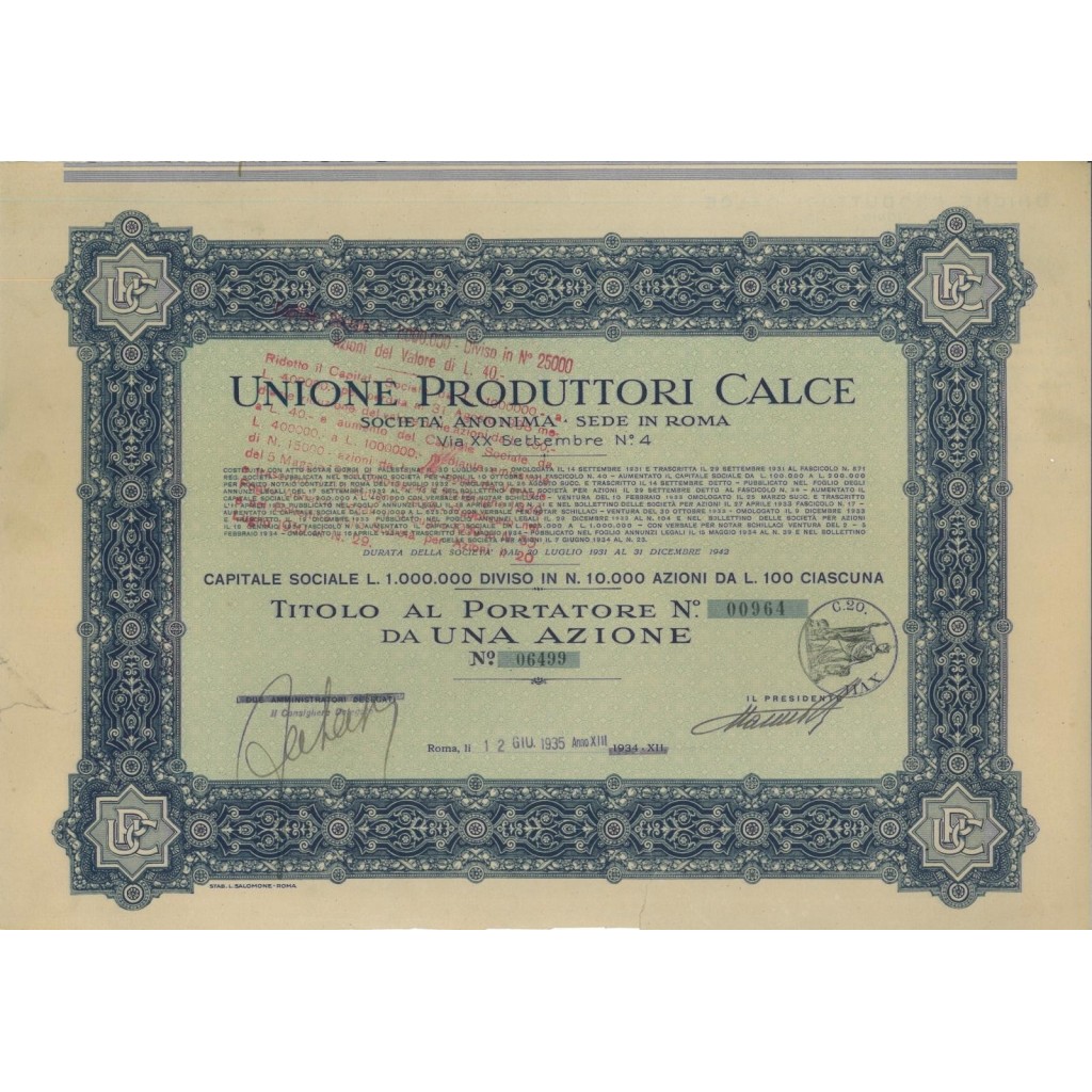 UNIONE PRODUTTORI DI CALCE - UNA AZIONE ROMA 1935