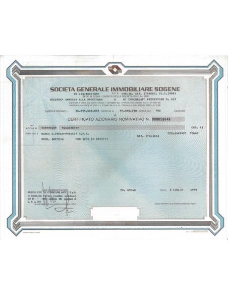 SOC. GEN. IMMOBILIARE SOGENE - 40 AZIONI ROMA 1989