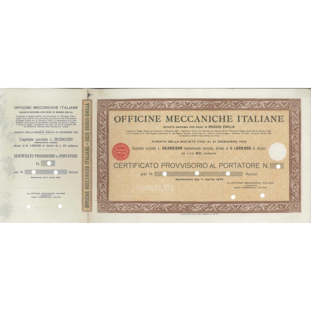 OFFICINE MECCANICHE ITALIANE - AZIONI R. EMILIA 1904