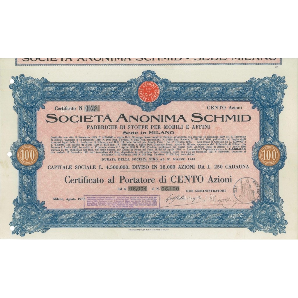 SOC. ANON. SCHMID - 100 AZIONI MILANO 1926