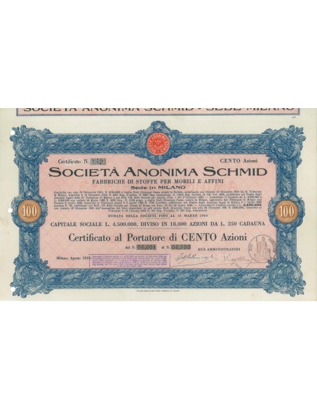 SOC. ANON. SCHMID - 100 AZIONI MILANO 1926