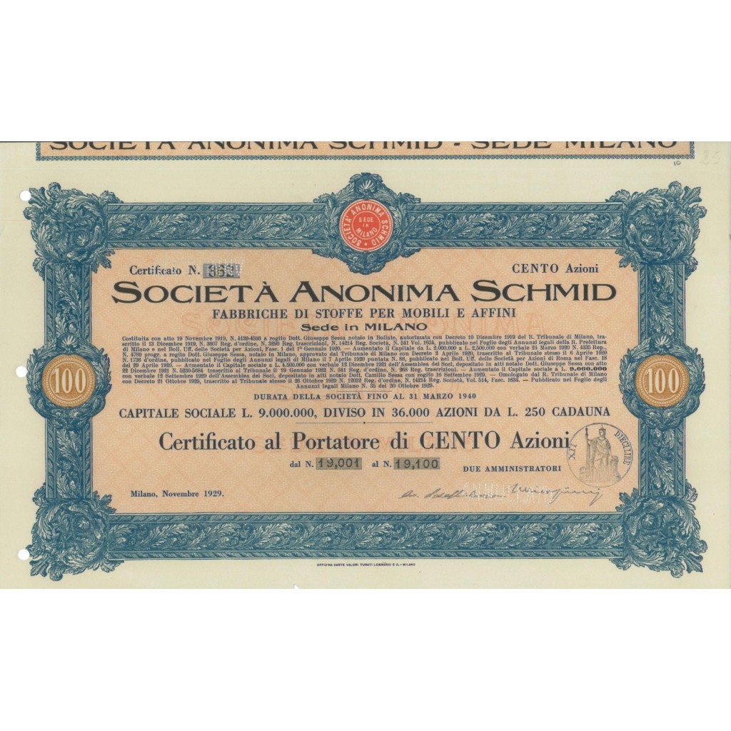 SOC. ANON. SCHMID - 100 AZIONI MILANO 1929