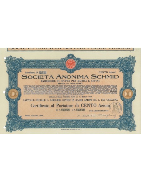 SOC. ANON. SCHMID - 100 AZIONI MILANO 1929