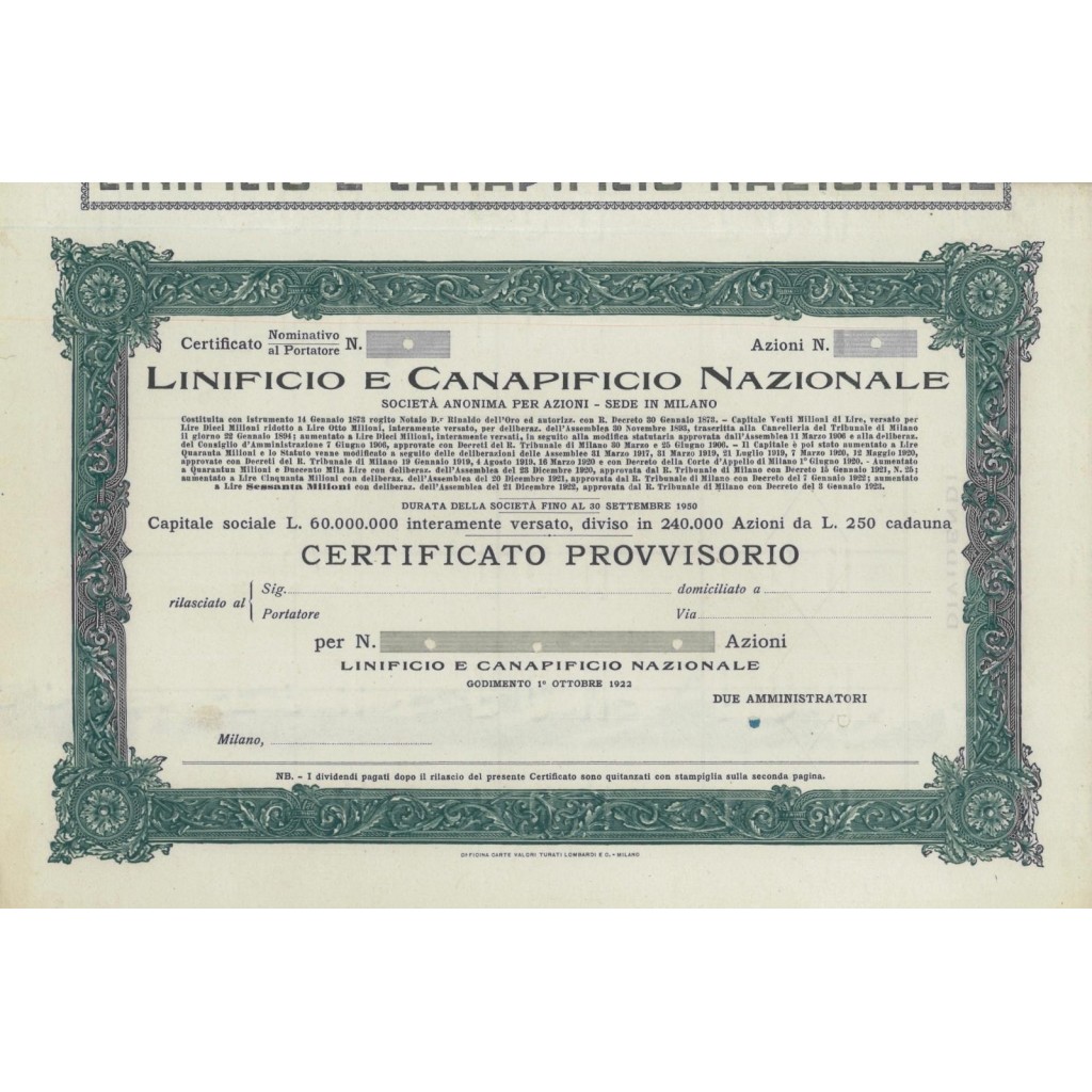 LINIFICIO E CANAPIFICIO NAZIONALE - AZIONI MILANO 1873