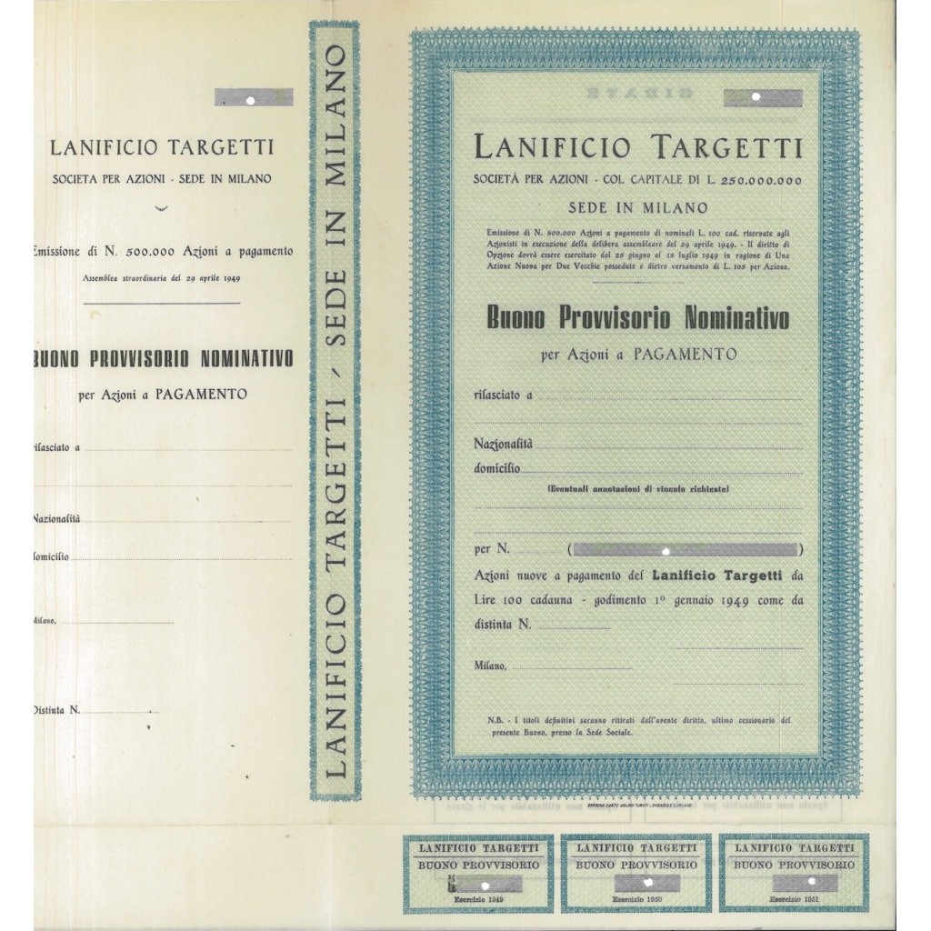 LANIFICIO TARGETTI - BUONO PROVVISORIO DI AZIONI MILANO 1949